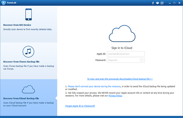 Seleccionar el modo Recuperar de archivo de copia de seguridad de iCloud