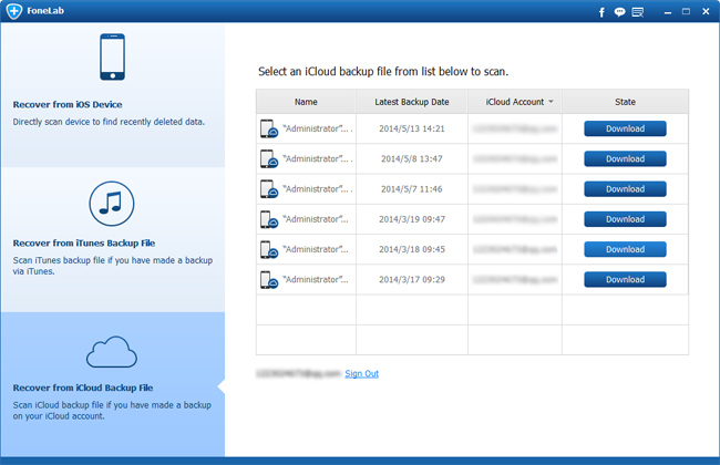 Iniciar sesión en su cuenta de iCloud y escoger un archivo de copia de seguridad