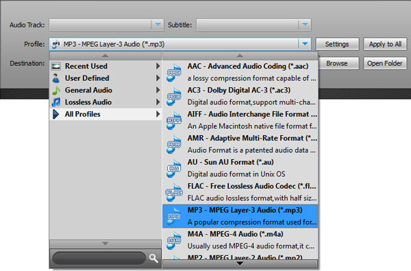 Seleccionar el formato MP3 en la lista de perfiles