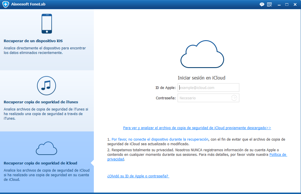 Entrar en su cuenta del iCloud en el FoneLab