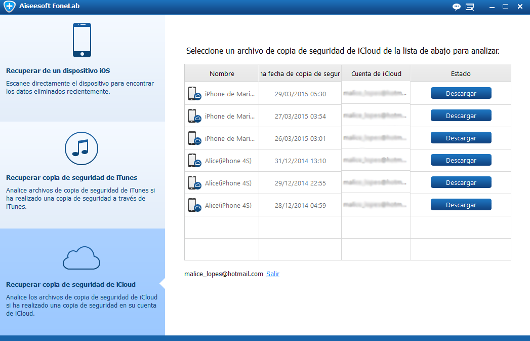 Descargar la copia de seguridad deseada
