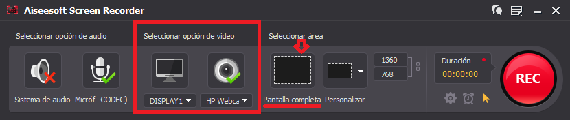 Seleccionar área de grabación para capturar la pantalla del PC