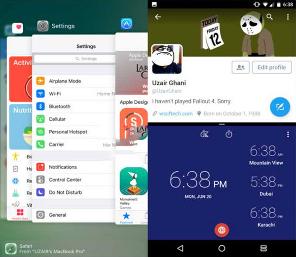 Comparación modo varias ventanas iOS 10 vs. Android N