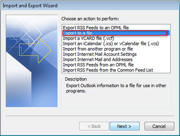 Exportar Outlook 2007 paso 2