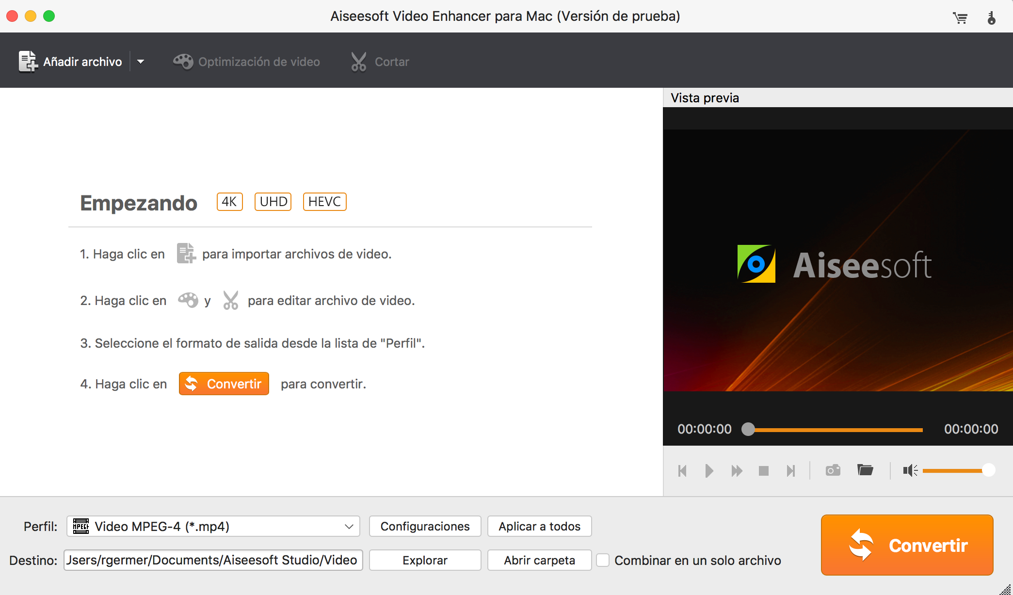 Pantalla de inicio de Aiseesoft Video Enhancer para Mac
